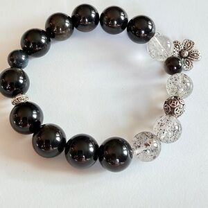 Obsidian with Strawberry Quartz Bracelet Gold Obsidian Flower Charm
